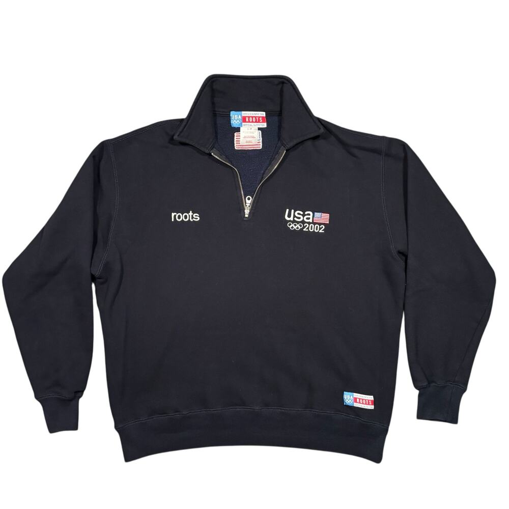 ROOTS Team USA 2002 Olympics Vintage Canada Navy 1/4 Zip Pullover Mens Small